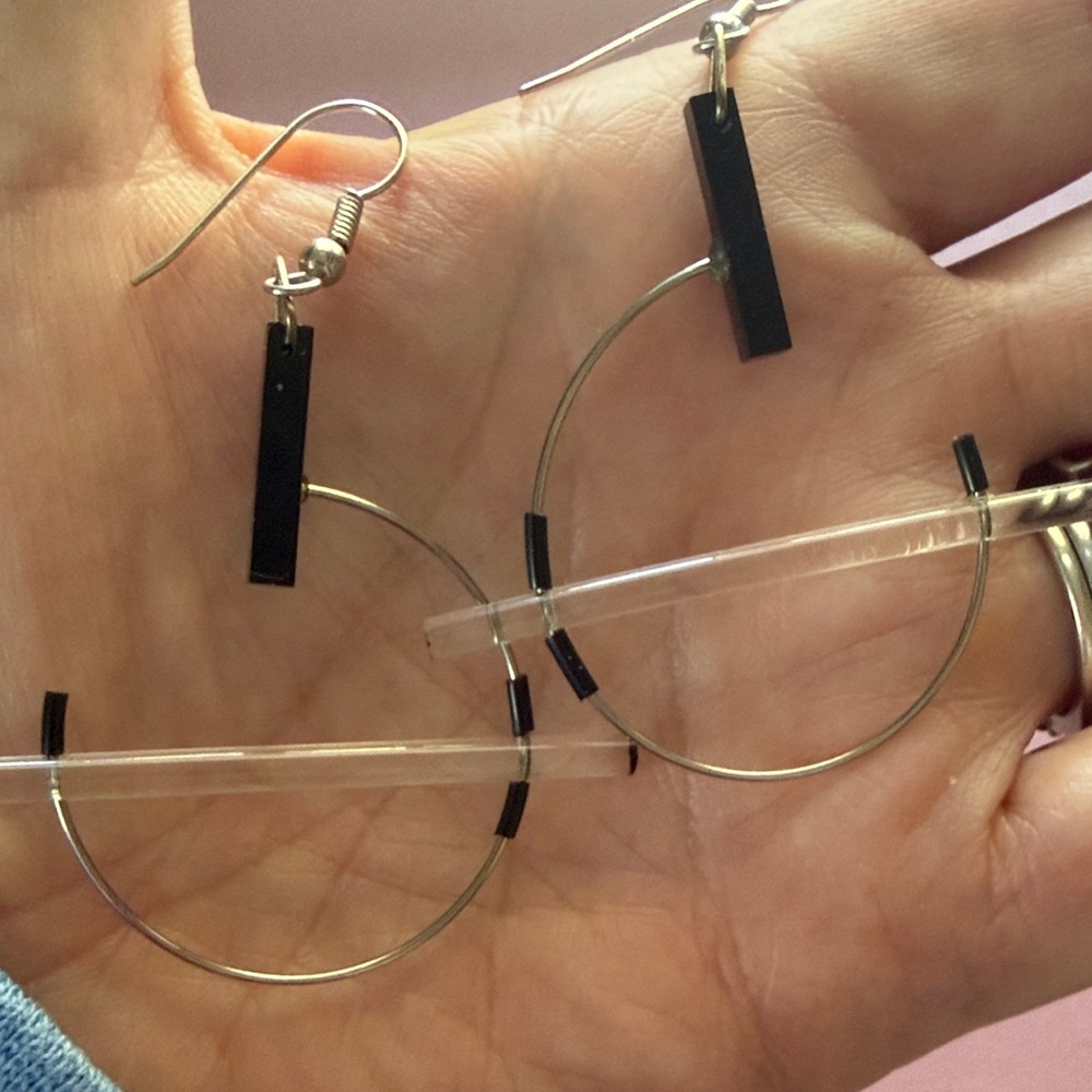 Black Hoop Earrings with Rectangular Bar Accents